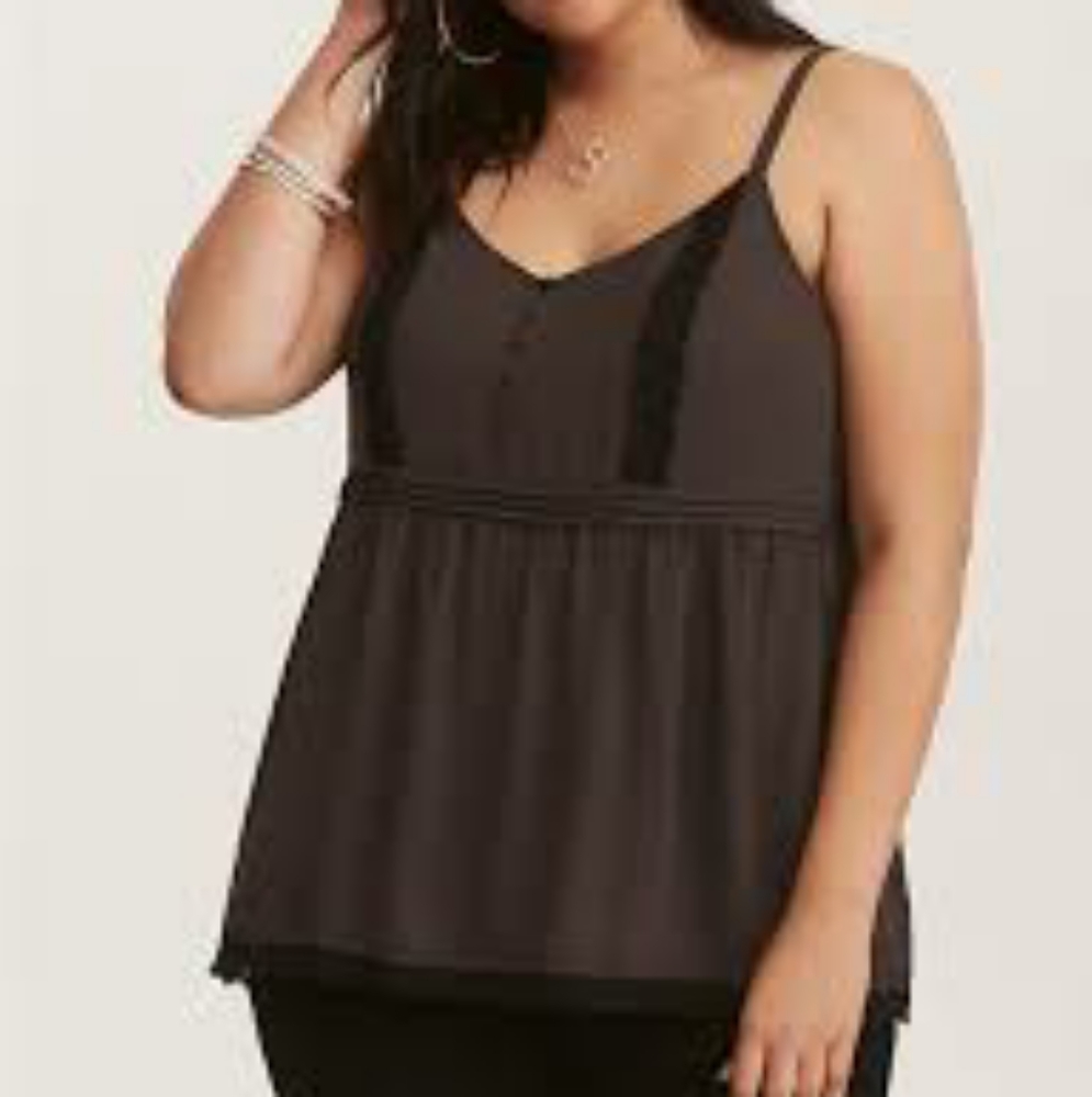 Torrid Charcoal Gray Georgette & Black Lace Trim Pleated Cami 5X
